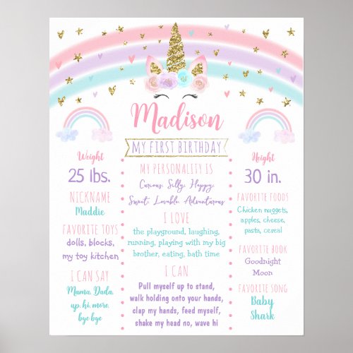 Unicorn Rainbow Pink Gold First Birthday Milestone Poster
