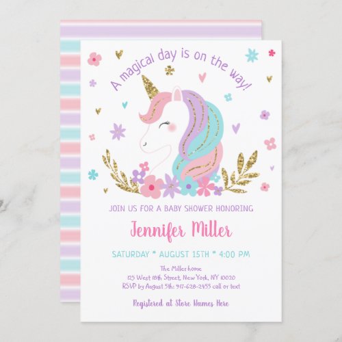 Unicorn Rainbow Pink Gold Floral Baby Shower Invitation
