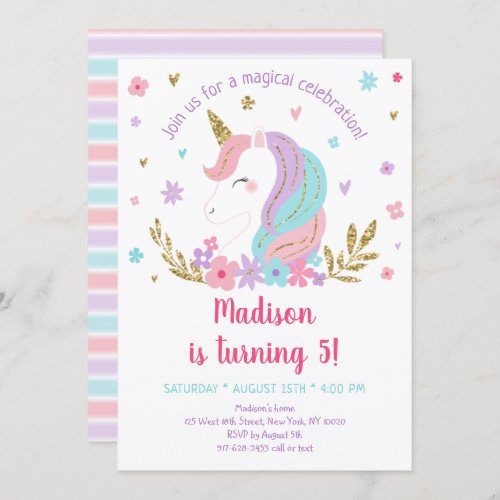 Unicorn Rainbow Pink Gold Floral Wreath Birthday I Invitation
