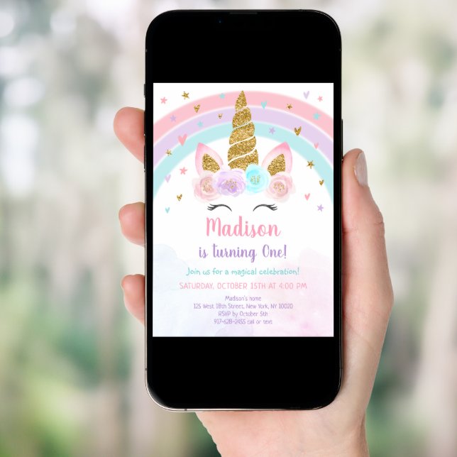 Unicorn Rainbow Pink Gold Pastel Birthday Invitation (Front Digital)