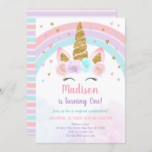 Unicorn Rainbow Pink Gold Pastel Birthday Invitation