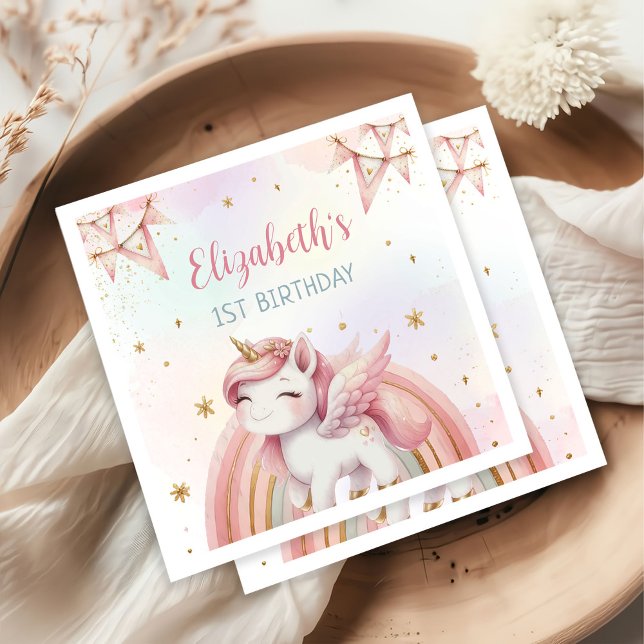 Unicorn Rainbow Pink Gold Pastel Birthday Napkins (Creator Uploaded)