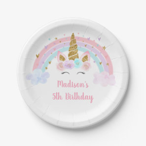 Unicorn Rainbow Pink Gold Pastel Birthday Paper Plates
