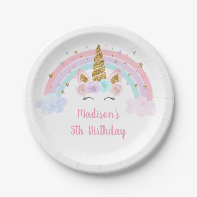 Unicorn Rainbow Pink Gold Pastel Birthday Paper Plates (Front)