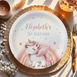 Unicorn Rainbow Pink Gold Pastel Birthday Paper Plates