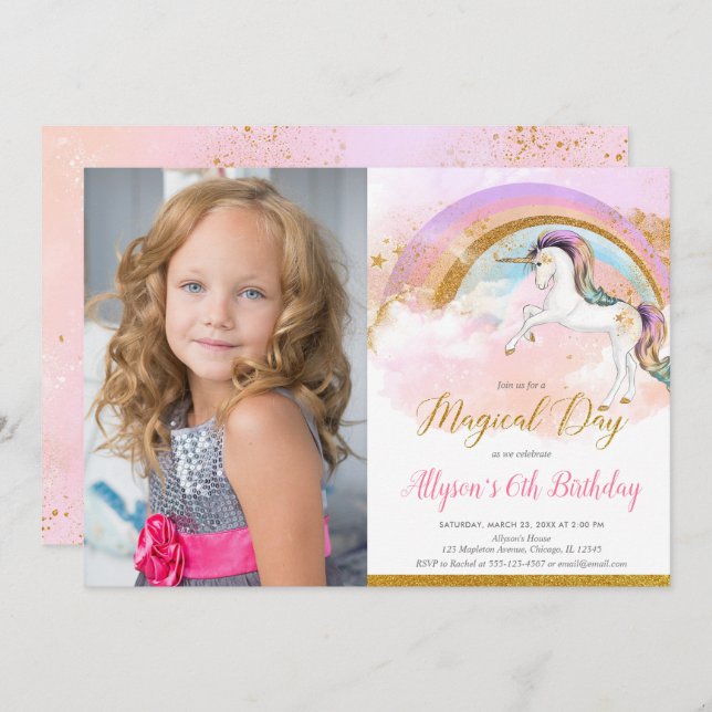 Unicorn rainbow pink gold pastel birthday photo invitation (Front/Back)