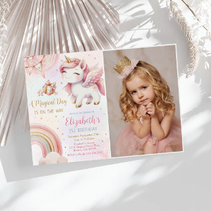 Unicorn Rainbow Pink Gold Pastel Birthday Photo Invitation