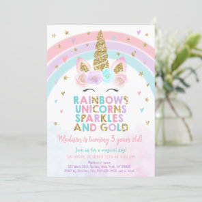 Unicorn Rainbow Pink Gold Sparkles Birthday Invitation