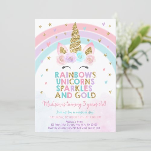 Unicorn Rainbow Pink Gold Sparkles Birthday Invitation