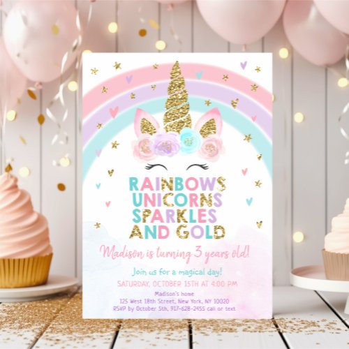 Unicorn Rainbow Pink Gold Sparkles Birthday Invitation