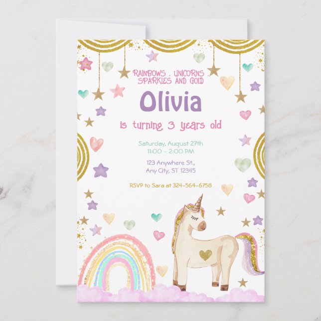 Unicorn Rainbow Pink Gold Sparkles Birthday Invitation (Front)