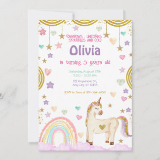Unicorn Rainbow Pink Gold Sparkles Birthday Invitation