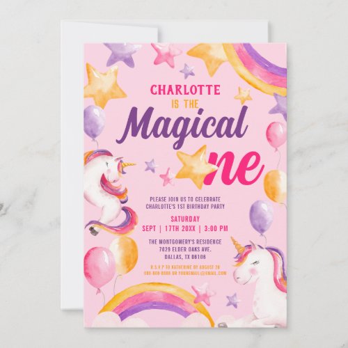 Unicorn Rainbow Pink Magical One 1st Birthday Invitation