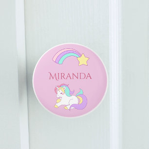 Unicorn rainbow pink name girl ceramic knob