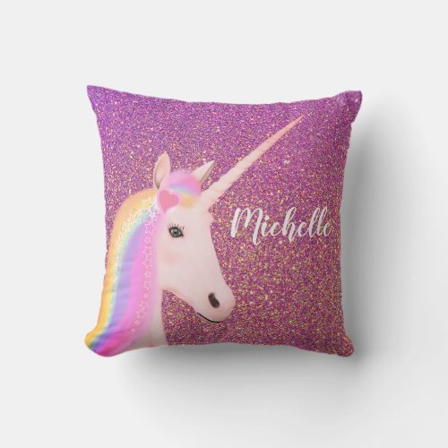 Unicorn Rainbow Pink Ombre Glitter Personalized Throw Pillow