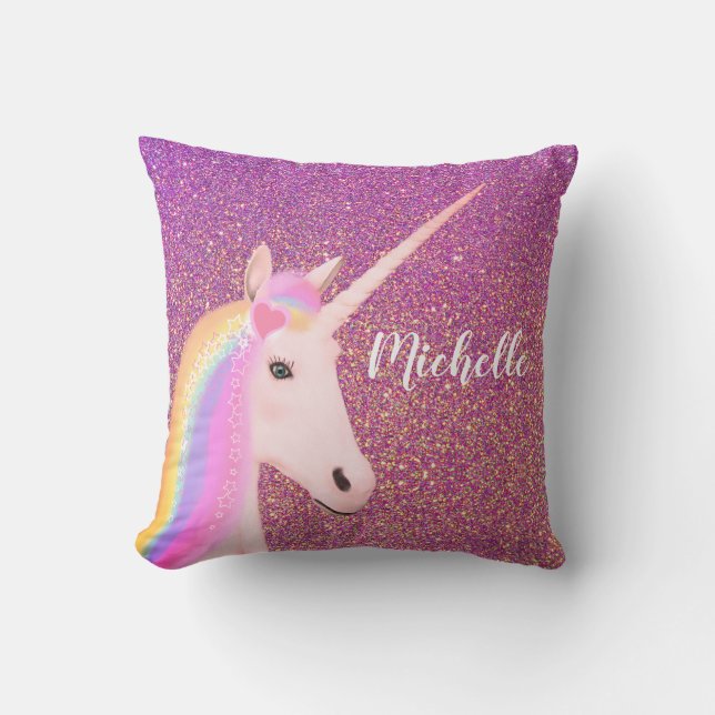 Unicorn Rainbow Pink Ombre Glitter Personalized Throw Pillow (Front)
