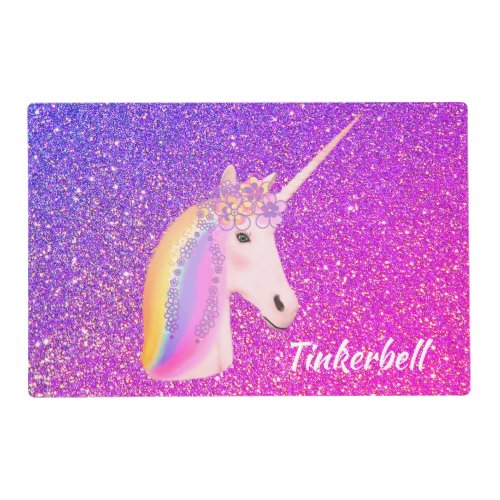 Unicorn Rainbow Pink Purple Glitter Personalized Placemat