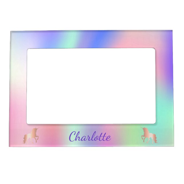 Unicorn rainbow pink purple monogram name magnetic frame (Front)