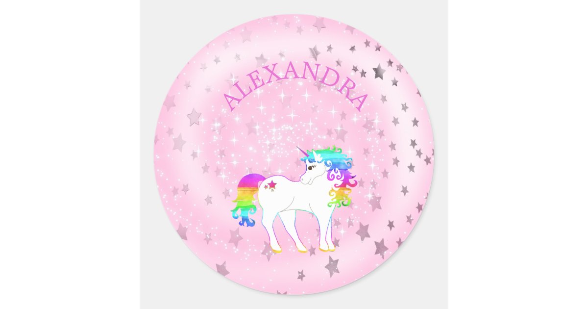 Unicorn Rainbow Pink Silver Stars Cute Girls Name Classic Round Sticker ...