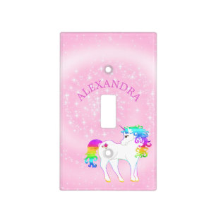 Unicorn Rainbow Pink Silver Stars Cute Girls Name Light Switch Cover