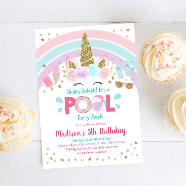Unicorn Rainbow Pool Party Birthday Invitation (Creator Uploaded)