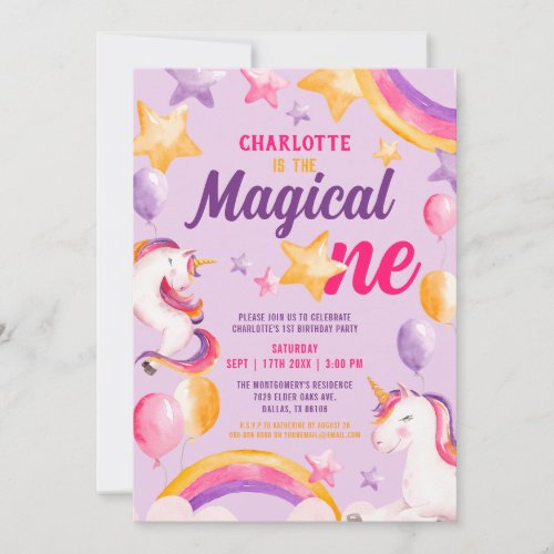 Unicorn Rainbow Purple Magical One 1st Birthday Invitation