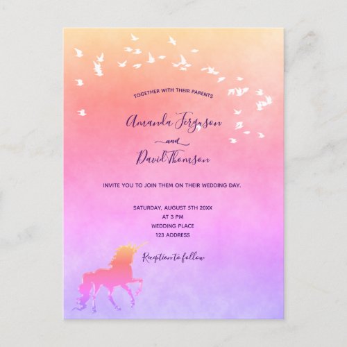 Unicorn rainbow purple pink wedding invitation postcard