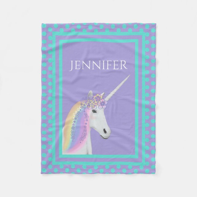 Unicorn Rainbow Purple Teal Personalized Fleece Blanket (Front)