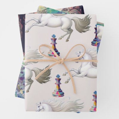 Unicorn Rainbow Queen Chess Floral Wrapping Paper Sheets