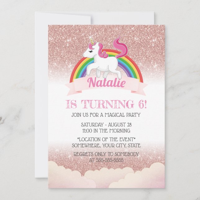 Unicorn & Rainbow Rose Gold Magical Birthday Party Invitation (Front)