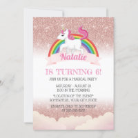 Unicorn & Rainbow Rose Gold Magical Birthday Party Invitation