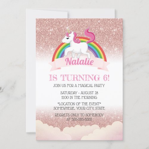 Unicorn  Rainbow Rose Gold Magical Birthday Party Invitation
