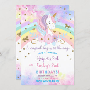 Unicorn & rainbow siblings birthday invitation. invitation