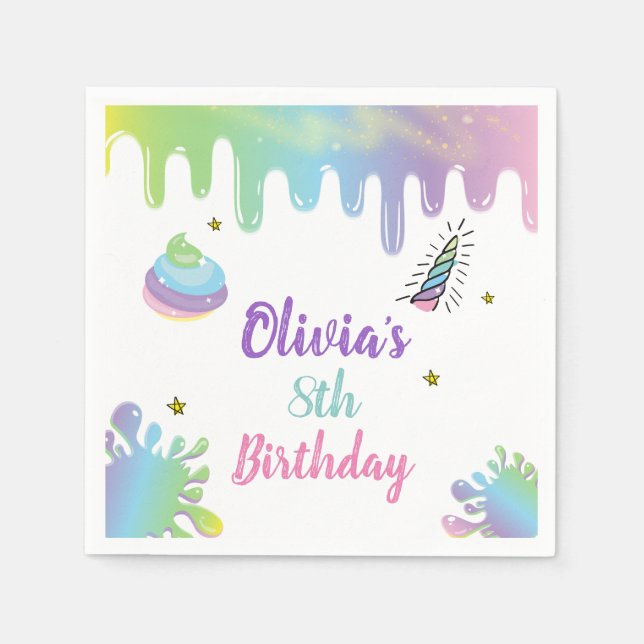 Unicorn Rainbow Slime Birthday Napkins (Front)