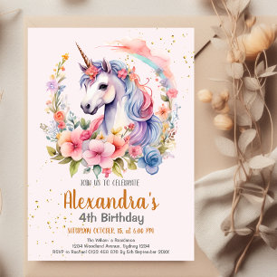 Unicorn Rainbow Sparkles Gold Birthday Invitation