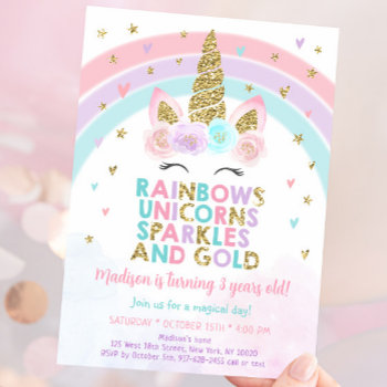 Unicorn Rainbow Sparkles Gold Birthday Invitation by LittlePrintsParties at Zazzle