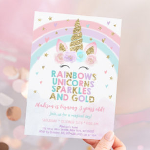 Unicorn Rainbow Sparkles Gold Birthday Invitation