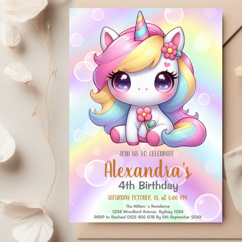 Unicorn Rainbow Sparkles Gold Birthday  Invitation