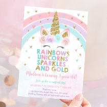 Unicorn Rainbow Sparkles Gold Birthday Invitation
