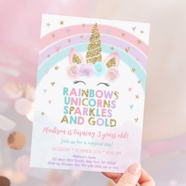 Unicorn Rainbow Sparkles Gold Birthday Invitation (Creator Uploaded)