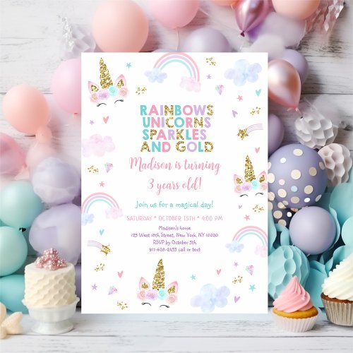 Unicorn Rainbow Sparkles Gold Birthday Invitation