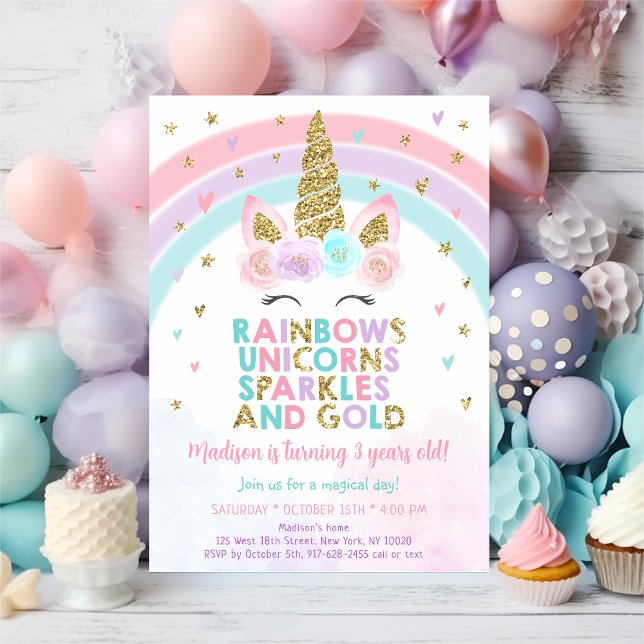 Unicorn Rainbow Sparkles Gold Birthday Invitation (Creator Uploaded)