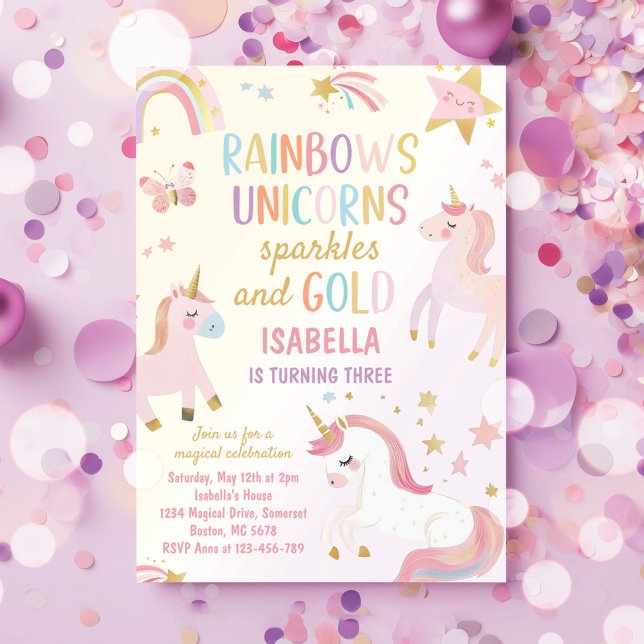 Unicorn Rainbow Sparkles Gold Birthday Invitation (Creator Uploaded)