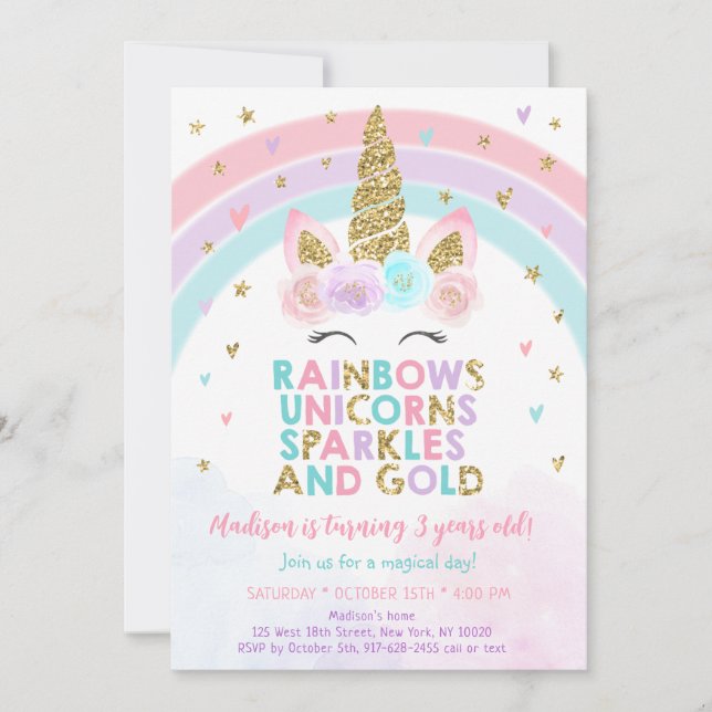 Unicorn Rainbow Sparkles Gold Birthday Invitation (Front)