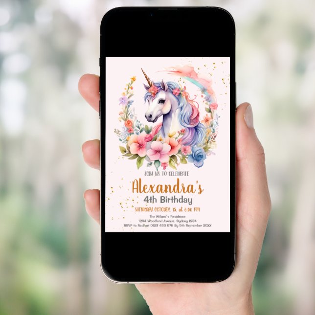 Unicorn Rainbow Sparkles Gold Birthday  Invitation (Front Digital)
