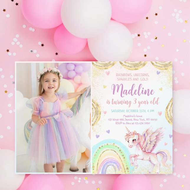 Unicorn Rainbow Sparkles Gold Birthday Photo Invitation (Creator Uploaded)