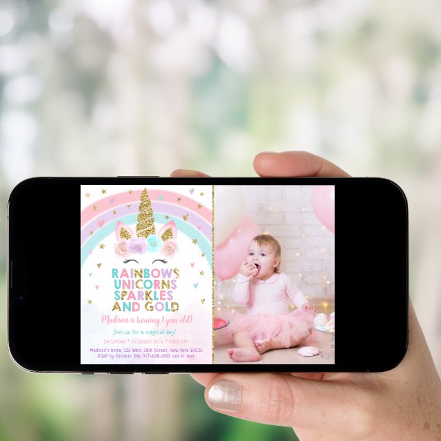 Unicorn Rainbow Sparkles Gold Invitation (Front Digital)