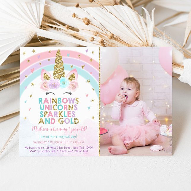 Unicorn Rainbow Sparkles Gold Invitation (Creator Uploaded)