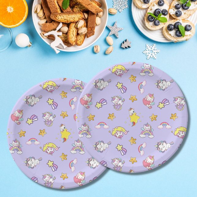 Unicorn Rainbow Star Light Purple Themed Paper Plates (Creator Uploaded)