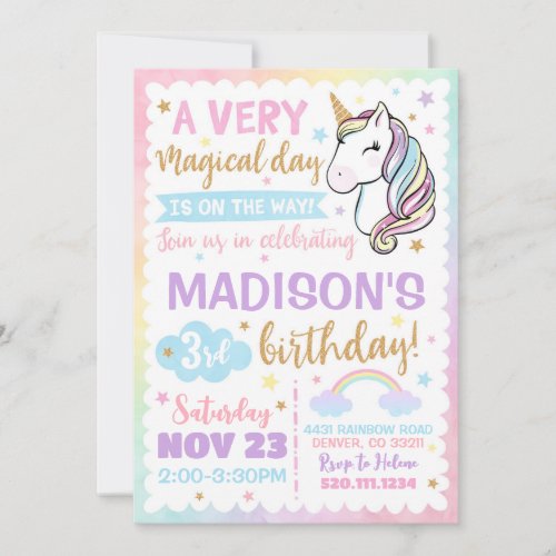 Unicorn Rainbow Stars Cute Birthday Invitation